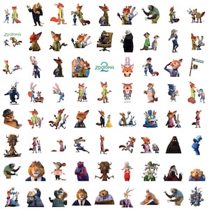 Może przedstawiać: Kolekcja kolorowych naklejek z postaciami z filmu animowanego "Zwierzogród". Naklejki przedstawiają różne zwierzęta w różnych pozach i strojach, w tym lisy, króliki i inne stworzenia. Naklejki są w różnych rozmiarach i kształtach.