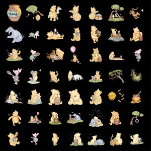 May include: A collection of Winnie the Pooh themed stickers on a black background. The stickers feature various illustrations of Pooh, Piglet, Eeyore, and Tigger, along with honey pots and other related imagery. The word "Hunny" is written on a honey pot.