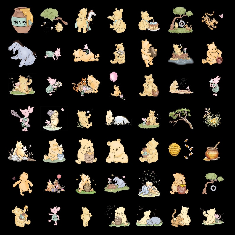 May include: A collection of Winnie the Pooh themed stickers on a black background. The stickers feature various illustrations of Pooh, Piglet, Eeyore, and Tigger, along with honey pots and other related imagery. The word "Hunny" is written on a honey pot.