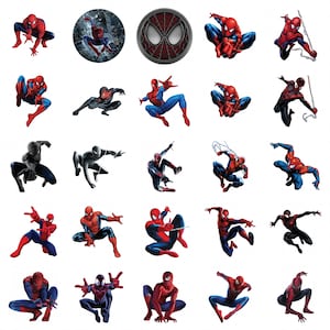 Könnte beinhalten: Eine Sammlung von Bildern zum Thema Spider-Man. Die Bilder zeigen Spider-Man in verschiedenen Posen, in seinem klassischen rot-blauen Anzug sowie schwarzen Anzügen. Einige Bilder sind kreisförmig und zeigen Spider-Mans Gesicht oder Action-Szenen.