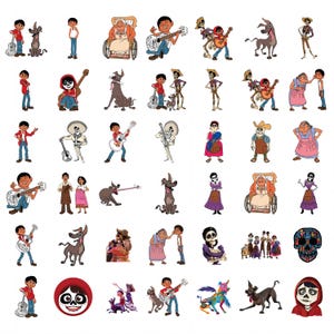 May include: A collection of colourful cartoon character stickers from the film Coco. The stickers feature Miguel, Dante, and other characters playing guitars, in wheelchairs, and in various poses. The stickers are in a variety of sizes and shapes.