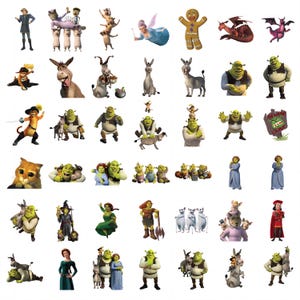 May include: A collection of cartoon character illustrations from the Shrek movie franchise. The characters include Shrek, Donkey, Puss in Boots, Fiona, and other fairytale creatures. The images are colorful and feature various poses and expressions.