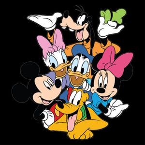Puede incluir: Ilustraci&oacute;n colorida de personajes de Disney sobre un fondo negro. Se presentan Mickey Mouse, Minnie Mouse, Donald Duck, Daisy Duck, Goofy y Pluto. Los personajes sonr&iacute;en y saludan, con colores brillantes y contornos definidos.