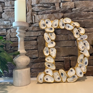 XLarge initial oyster shell - wood - oyster shells- gold trim - Custom order your initial !