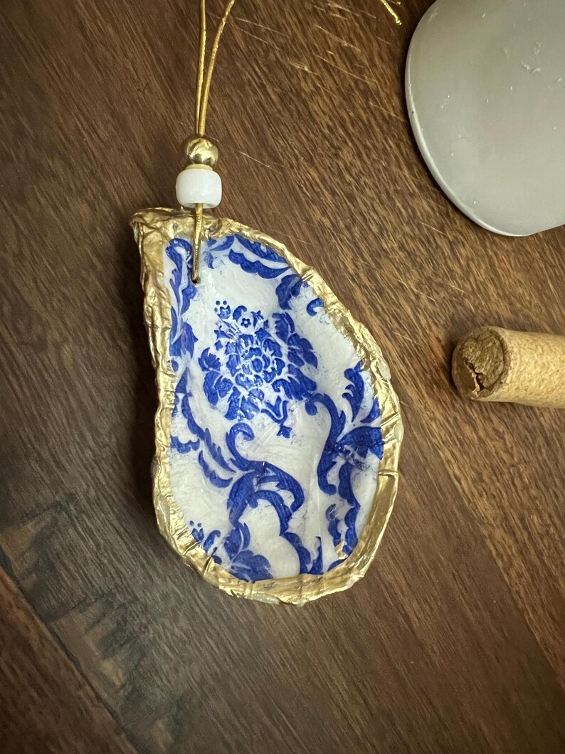 Blue Toile/ Chinoiserie Oyster Shell Ornament - Wine Bottle Charm ...