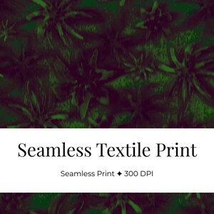 Könnte beinhalten: Nahtloser Textildruck mit einem dunkelgrünen Blumenmuster. Das Design zeigt stilisierte Blumen in verschiedenen Grüntönen. Der Text "Seamless Textile Print" wird in einem weißen Banner zusammen mit "Seamless Print • 300 DPI" angezeigt.