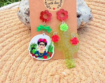 Frida Kahlo cactus asymmetric earrings
