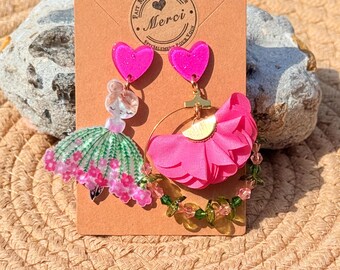 Pendientes asimétricos con pompones florales para niñas