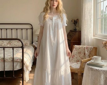 Cottagecore Cotton Victorian Nightgown Lace Princess Sleepwear, Women Short Sleeve Nightdress