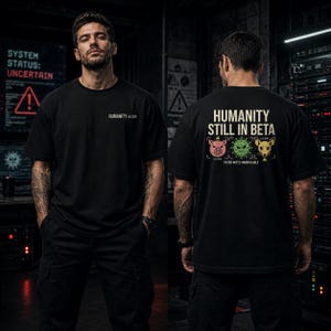 May include: Black t-shirt with the text "HUMANITY v2.025" on the front and "HUMANITY STILL IN BETA" with graphic images of a pig, virus, and mouse on the back. The phrase "PATCH NOTES UNAVAILABLE" is below the graphics.