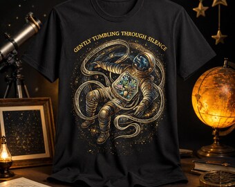May include: Black t-shirt featuring an astronaut floating in space, with the text "Gently Tumbling Through Silence". The astronaut's suit is detailed with gold and blue accents, and the design includes a starry background.
