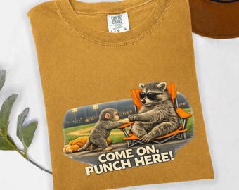 Funny Raccoon and Monkey Graphic, Come On Punch Here Quote, Cute Animal Humor Design, Camp Chair Baseball Field Cartoon Art Gift