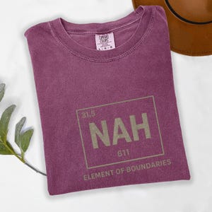 May include: A maroon Comfort Colors t-shirt with a crew neck. The shirt features a graphic in a box that says "NAH" with the numbers "31,5" and "611" and the words "ELEMENT OF BOUNDARIES". A brown hat is in the background.