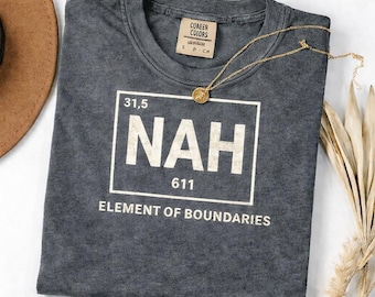May include: A gray t-shirt with the word "NAH" in a white box, with the text "ELEMENT OF BOUNDARIES" below. A gold necklace with a pendant rests on the shirt. The shirt has a small tag that says "COABER COLORS".