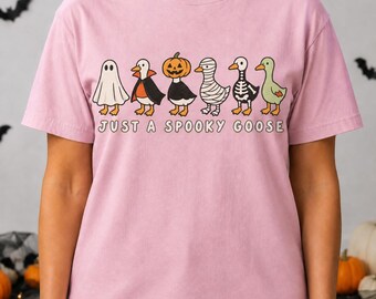 May include: A light pink t-shirt featuring a graphic of six geese in various Halloween costumes, including a ghost, vampire, pumpkin, mummy, skeleton, and a plain goose. Below the geese, the text reads, "JUST A SPOOKY GOOSE" in black letters.