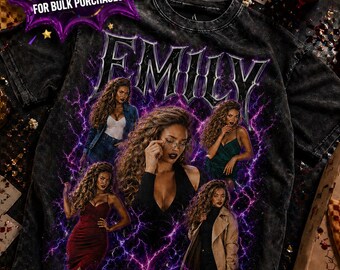 May include: Black t-shirt with a graphic design featuring the name "EMILY" in a stylized font, surrounded by images of a woman in various outfits. The shirt has a distressed, vintage look. Text on the top left corner reads "BULK ORDERS AVAILABLE! SPECIAL PRICING FOR BULK PURCHASES!"