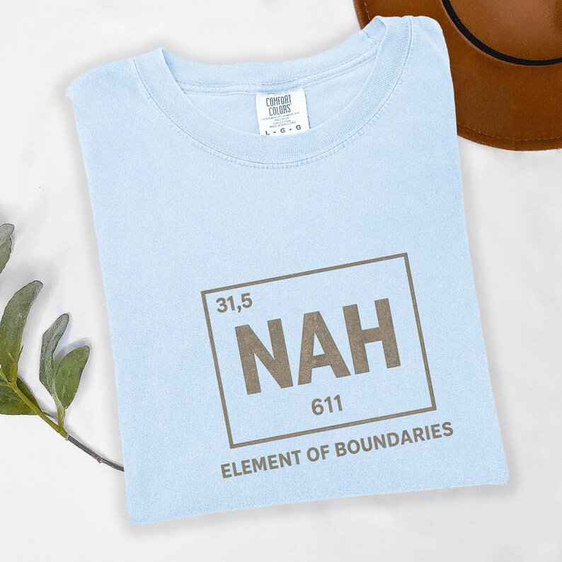 May include: Light blue t-shirt with a crew neck. The shirt features a graphic with the word "NAH" in a brown box, along with the numbers "31,5" and "611", and the text "ELEMENT OF BOUNDARIES". A brown hat is visible in the background.