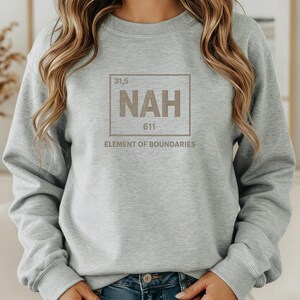 May include: A light gray sweatshirt with the text "NAH" inside a box, with the numbers "31,5" and "611" above and below. The phrase "ELEMENT OF BOUNDARIES" is below the box. The sweatshirt is a casual style.