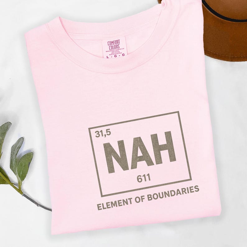 May include: A light pink t-shirt with a crew neck. The shirt features a graphic in a brown rectangle with the word "NAH" in large letters, along with the numbers "31,5" and "611". Below the graphic, the text reads "ELEMENT OF BOUNDARIES".