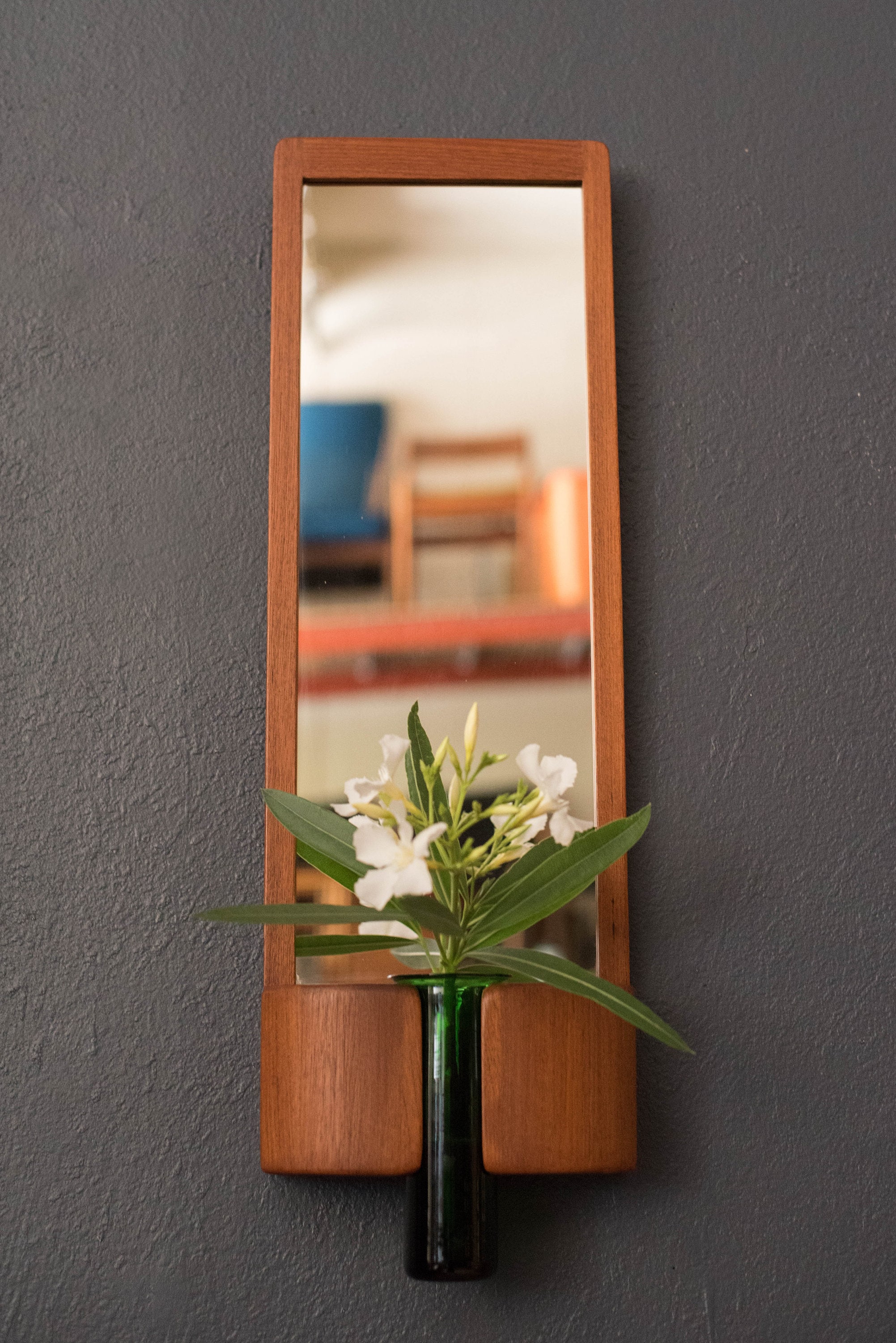 Jacob Hermann Danish Teak Wall Mirror and Holmegaard Glass Vase by