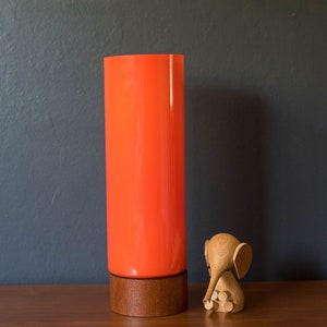 Mid Century Scandinavian Modern Orange Cylinder Glass and Teak Table Lamp