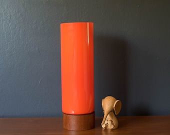 Mid Century Scandinavian Modern Orange Cylinder Glass and Teak Table Lamp