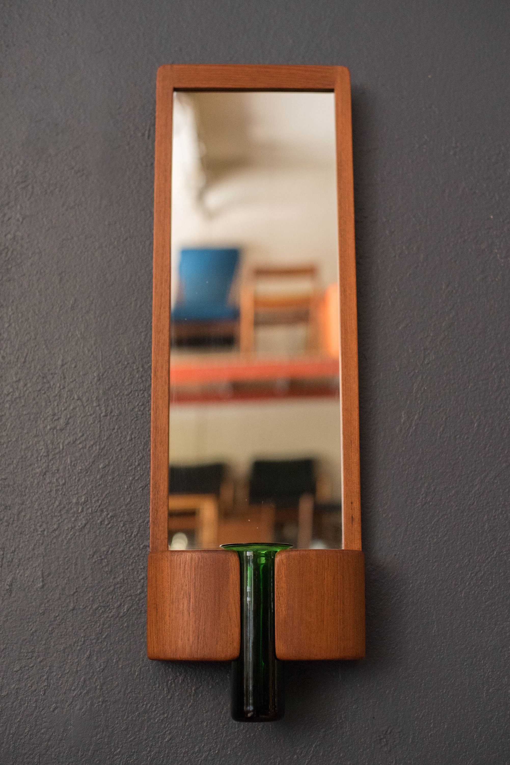 Jacob Hermann Danish Teak Wall Mirror and Holmegaard Glass Vase by