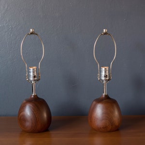 Sculptural Pair of Scandinavian Mid Century Modern Round Teak Wood Table Lamps