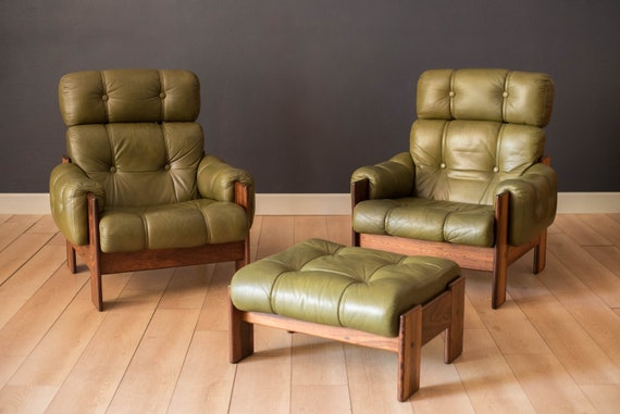 Pair of Rosewood High Back Leather Lounge Chairs and Ottoman by
