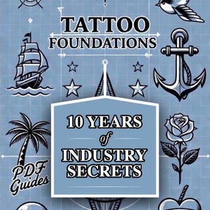 May include: A blue background with nautical-themed illustrations, including a ship, anchor, and palm tree. The text reads "TATTOO FOUNDATIONS" and "10 YEARS of INDUSTRY SECRETS" with "PDF Guides" below a palm tree.