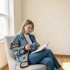 Handgemaakt gehaakt oma vierkant vest, patchwork jasje in vintage bohostijl