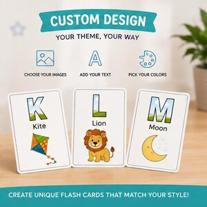 May include: Three white rectangular flash cards featuring the letters K, L, and M with corresponding illustrations of a kite, a lion, and a moon. The top text reads CUSTOM DESIGN YOUR THEME, YOUR WAY with icons for images, text, and colors.