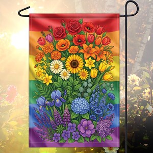 Bandera de jardín "Cuando todos pertenecemos, todos florecemos" con corazón arcoíris, decoración del orgullo LGBTQ, bandera de jardín inclusiva para exteriores.