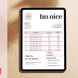 May include: A digital invoice template displayed on a tablet. The invoice features a pink and white design with fields for client details, itemized descriptions, and payment methods. The words "Invoice Template" are vertically aligned on the left.