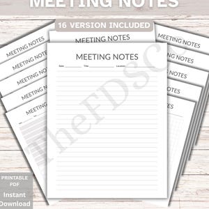 Peut inclure: Une collection de feuilles de papier blanches portant le texte MEETING NOTES en haut, avec des lignes pour la date, le titre et le lieu, suivies de lignes horizontales. L'ensemble comprend 16 versions de modèles de notes de réunion PDF.