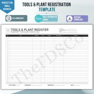 Può includere: Un modello digitale A4 in formato orizzontale per la registrazione di strumenti e impianti, con una griglia bianca e intestazioni nere per il monitoraggio delle attrezzature, log delle condizioni, ID cespiti e date, inclusi campi per azienda e firma.