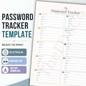 Puede incluir: Una plantilla imprimible de seguimiento de contraseñas con el texto My Password Tracker en la parte superior. El documento incluye diez secciones numeradas con campos para Website/App, Username, Password, Email y Notes. A la izquierda aparece el texto PASSWORD TRACKER TEMPLATE, READY TO PRINT, US LETTER & A4, PRINTABLE PDF e INSTANT DOWNLOAD.