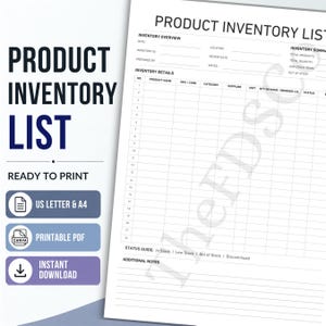 May include: A white product inventory list template with black text and grid lines. The document includes sections for inventory overview, summary, and details with columns for product name, SKU, category, supplier, unit, quantity, and status.