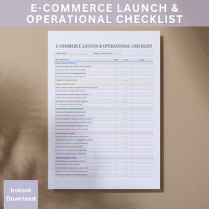 May include: A white paper E-Commerce Launch & Operational Checklist with black text. The document is organised into five colour-coded phases including Brand Strategy, Portal Set-up, Digital Content Pipeline, Asset Staging, and Product Listing.