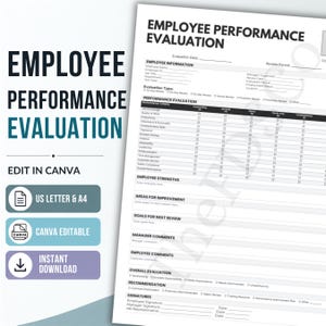 May include: A white employee performance evaluation form template with black text and lines. The document includes sections for employee information, performance criteria, strengths, areas for improvement, goals, comments, and signatures for review.
