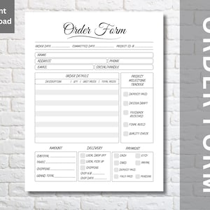 Op de afbeelding: Een afdrukbaar bestelformulier met velden voor klantgegevens, bestelgegevens en betalingsinformatie. Het formulier bevat secties voor besteldatum, naam, adres en e-mail. De tekst "Order Form" staat bovenaan.