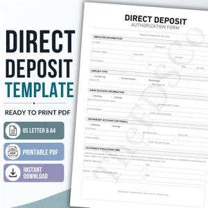 Direct Deposit Form | Employee Payroll Direct Deposit Authorization Template  | Bank Authorization Form | Printable PDF | US Letter & A4