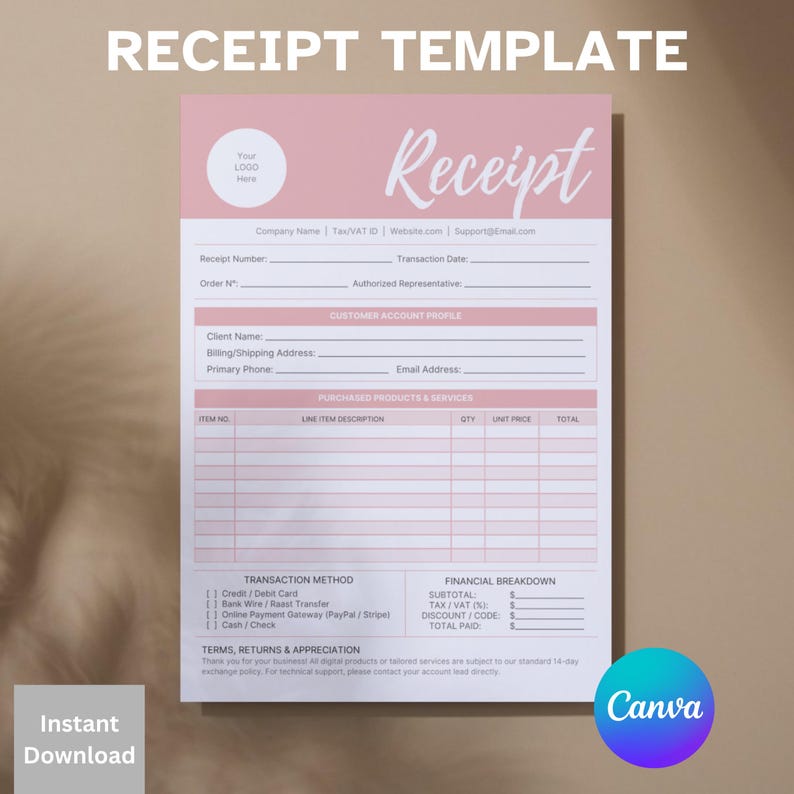 Editable Business Receipt Template, Professional Billing Form (canva ...
