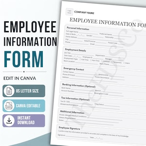 Może przedstawiać: Szablon formularza informacji o pracowniku z sekcjami na dane osobowe, szczegóły zatrudnienia, kontakty alarmowe, informacje bankowe, dane podatkowe i dodatkowe notatki. Dokument zawiera pola na podpisy i jest przeznaczony do edycji w programie Canva.