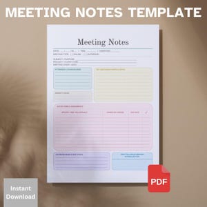 Può includere: Un modello bianco per appunti di riunione stampato su carta con sezioni colorate. Il documento include campi per data, ora, durata, tipo di riunione, oggetto, codice progetto e responsabile, insieme a sezioni per partecipanti, note e azioni.