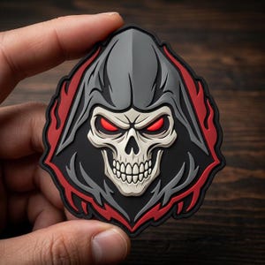 May include: A circular PVC patch featuring a stylized skull wearing a dark gray hood. The skull has prominent white bone features and glowing red eyes. The design is framed by a jagged red border set against a black background, creating a high-contrast graphic emblem with sharp, defined lines and a raised, textured surface.