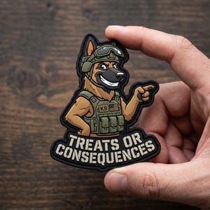 May include: A tactical morale patch featuring a cartoon German Shepherd dog wearing a military helmet, goggles, and a vest with a K9 patch and a small American flag. The dog is pointing, and the text reads TREATS OR CONSEQUENCES.