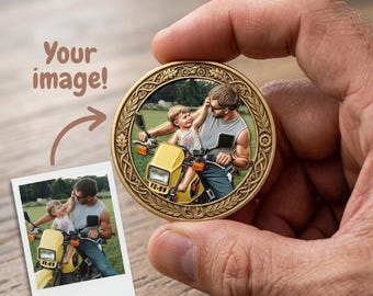 Custom Photo Engraved Coin – Motorcycle Family Keepsake, Personalized Portrait Souvenir