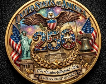 以下が含まれることがあります： UNITED STATES OF AMERICA、250、1776、2026、QUARTER-MILLENNIAL、A NATION'S JOURNEY OF LIBERTYの文字が刻まれた円形の記念コイン。ハクトウワシ、自由の女神像、リバティベル、星条旗がデザインされている。