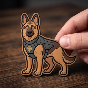 May include: A rubberized patch featuring a cartoon German Shepherd dog wearing a grey tactical vest with a gold emblem on the chest. The dog has tan and brown fur with black outlines, standing in a profile view with its head turned forward.